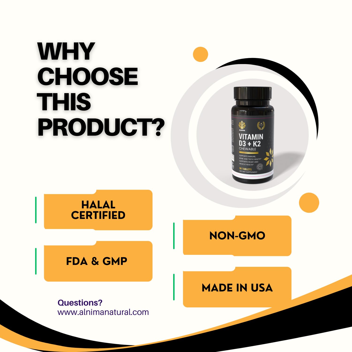 ALNIMA Halal Vitamin D3 + K2 – Daily Nutrient Support Formula | 90 Tablets | Made in USA