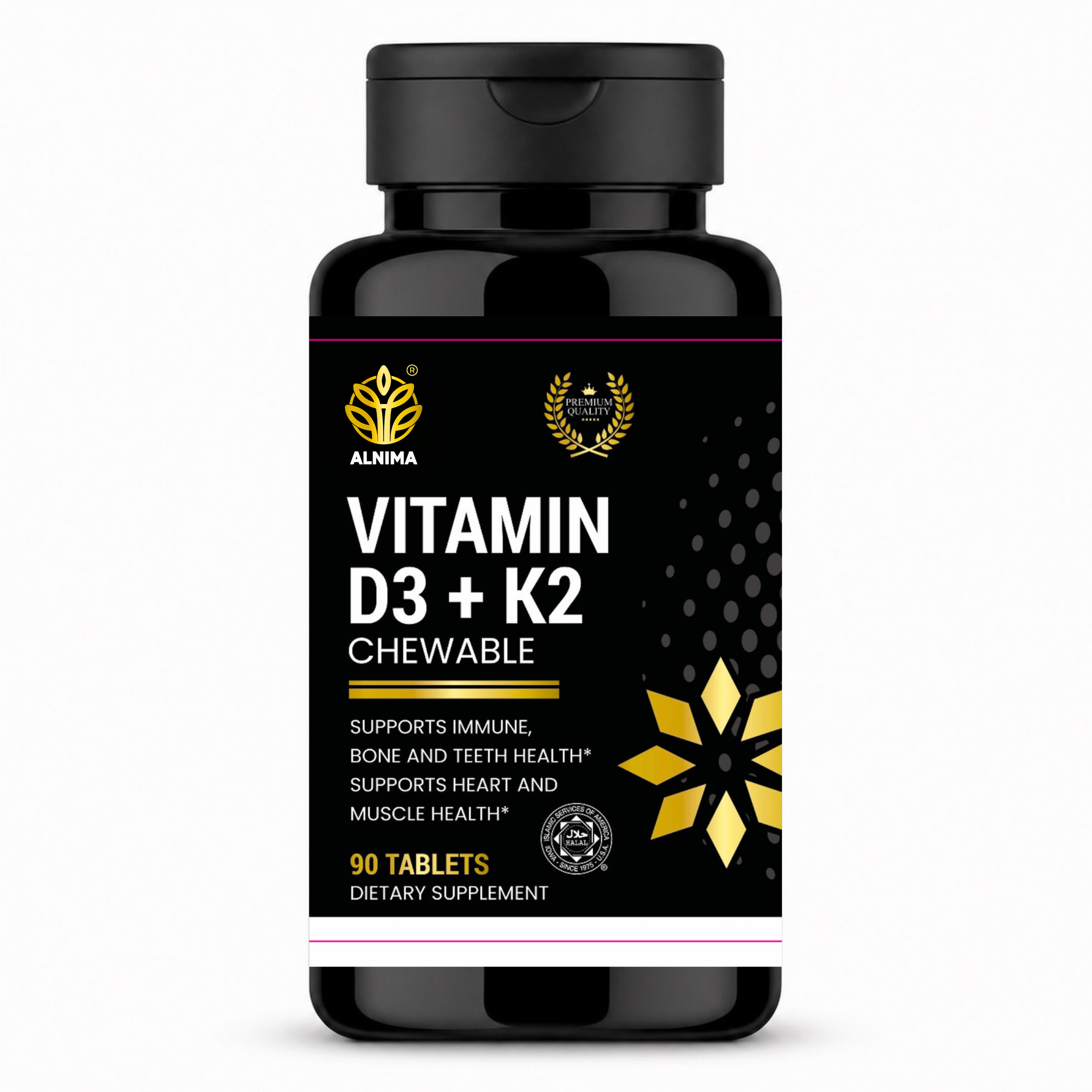 Vitamin D3 + K2 Chewable Tablets – Alnima | Daily Nutrient Support Formula | Halal Certified | 90 Chewable Tablets | Made in USA