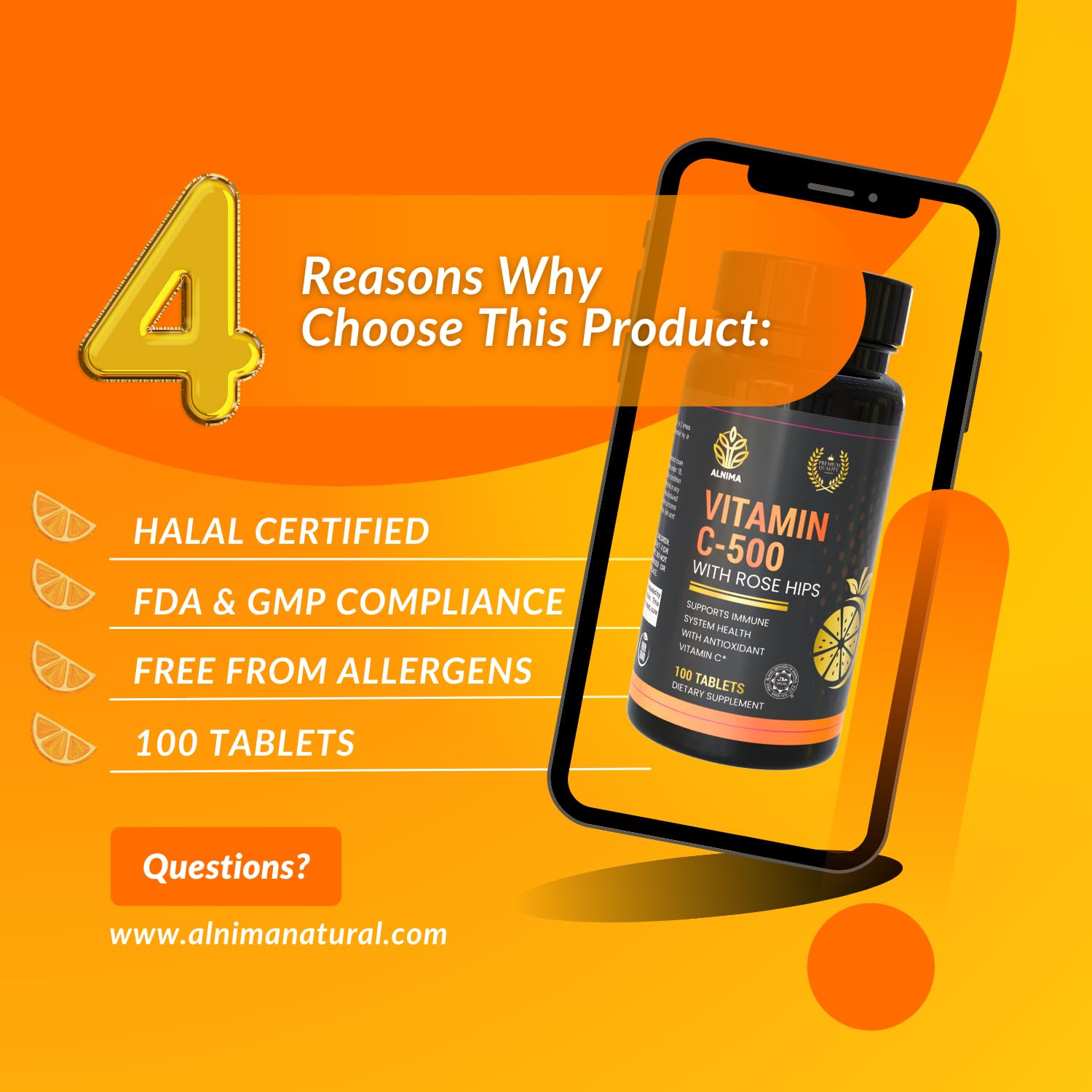 ALNIMA Halal Vitamin C 500 mg with Rose Hips – Daily Antioxidant Formula | 100 Tablets | Made in USA