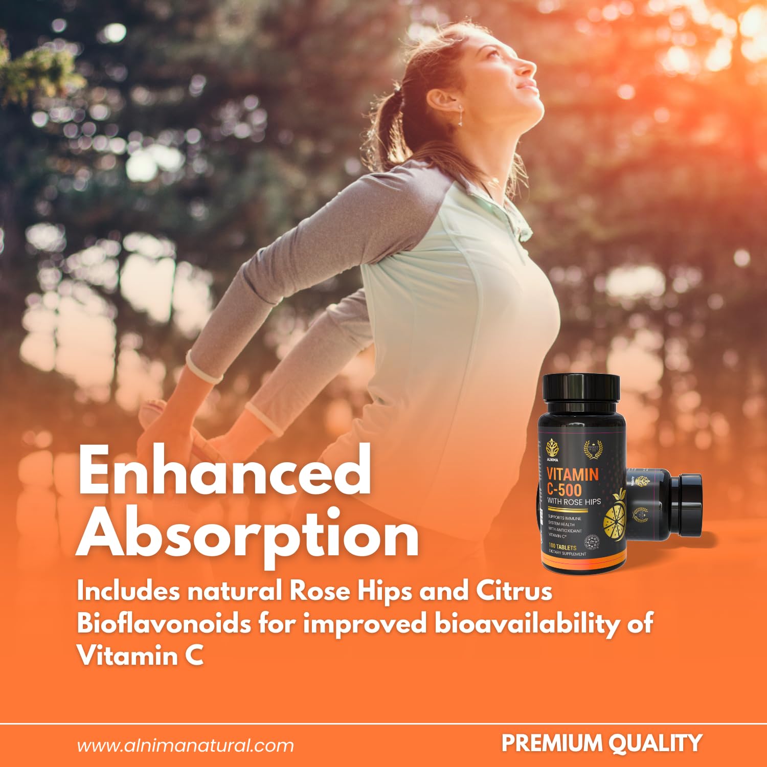 ALNIMA Halal Vitamin C 500 mg with Rose Hips – Daily Antioxidant Formula | 100 Tablets | Made in USA