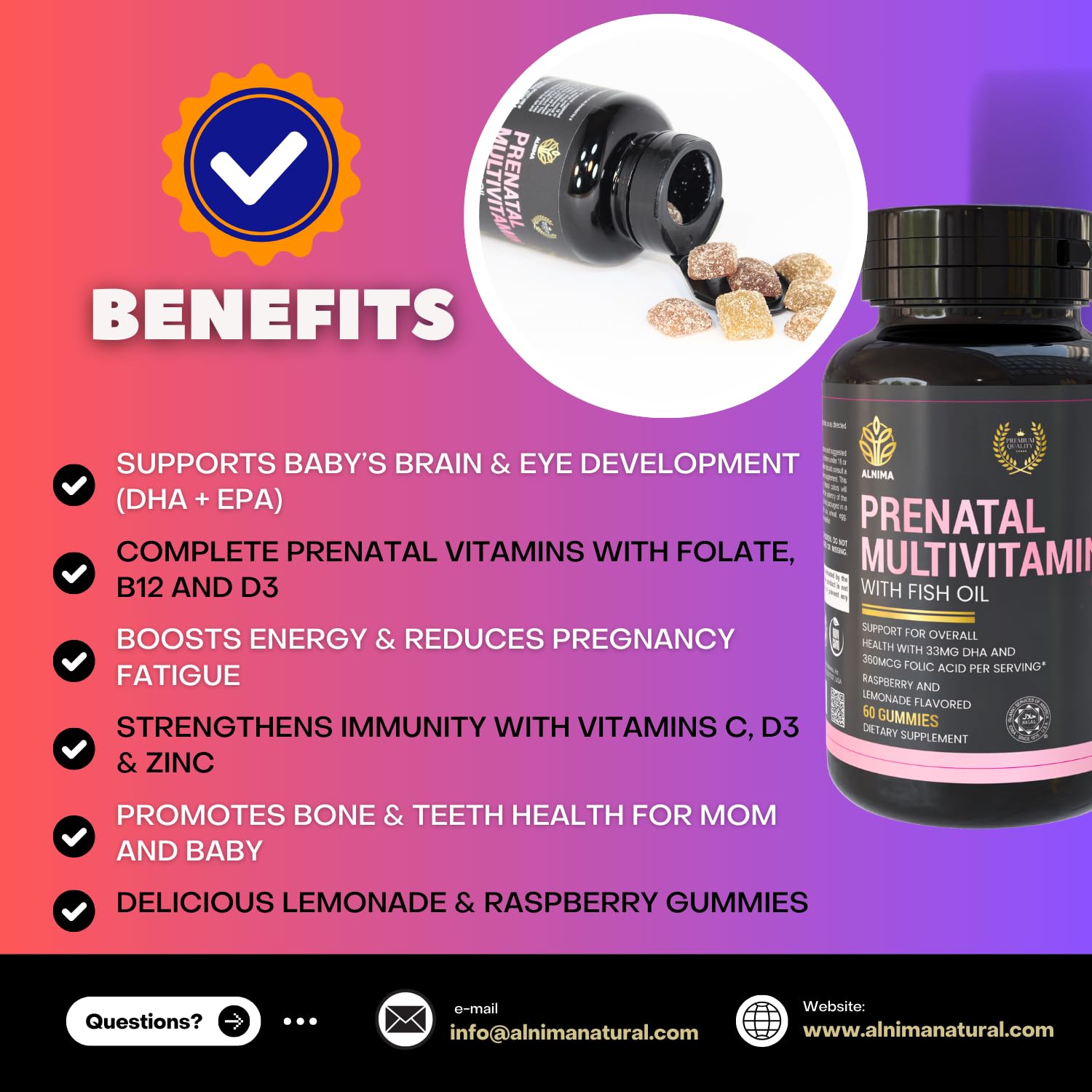 ALNIMA Halal Prenatal Multivitamin Gummies – DHA & Essential Nutrients | 60 Gummies | Made in USA
