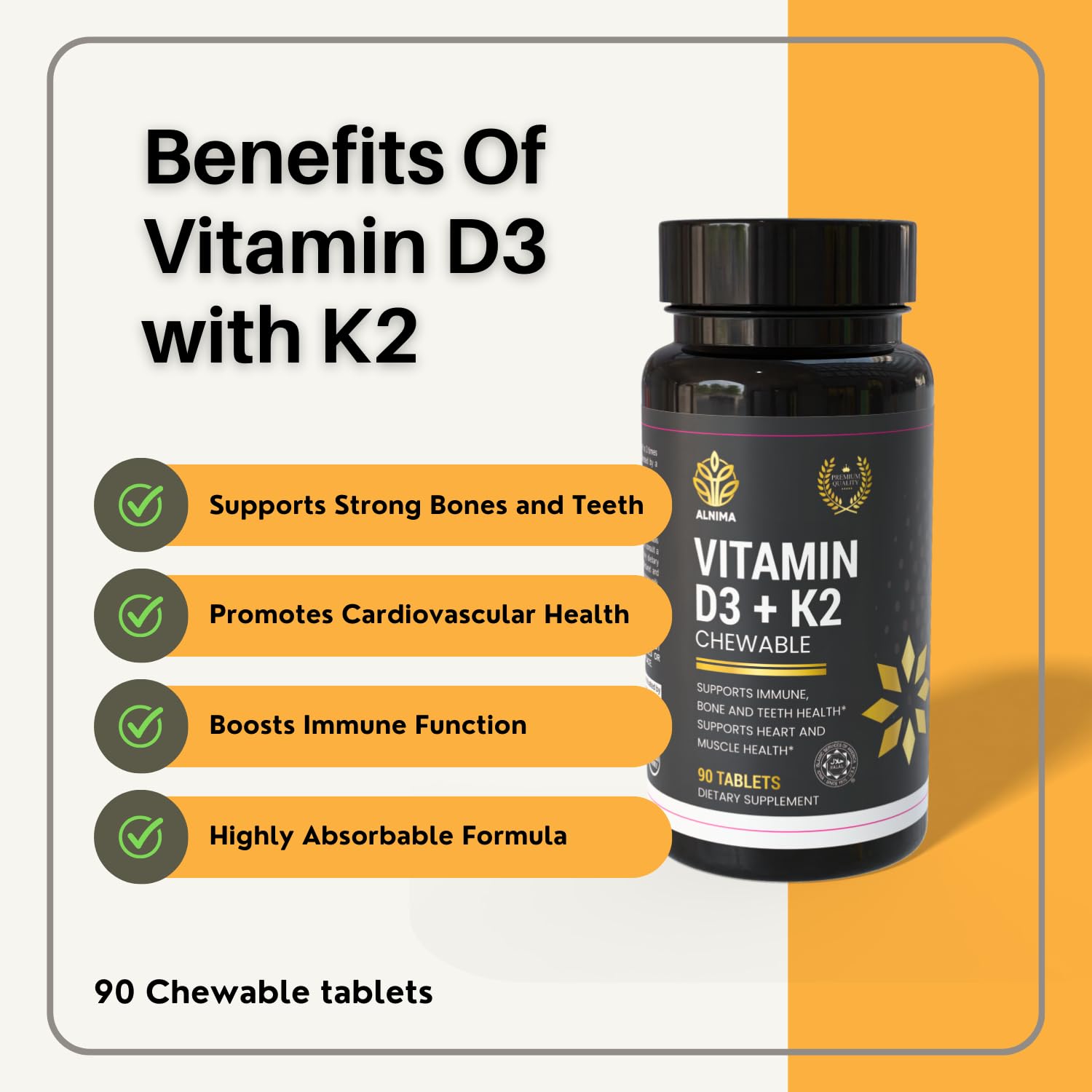 ALNIMA Halal Vitamin D3 + K2 – Daily Nutrient Support Formula | 90 Tablets | Made in USA