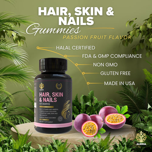 ALNIMA Halal Hair, Skin & Nails Gummies with Collagen & Biotin – Beauty Support for Women | 60 Gummies – Halal Certified, Non-GMO, Made in USA