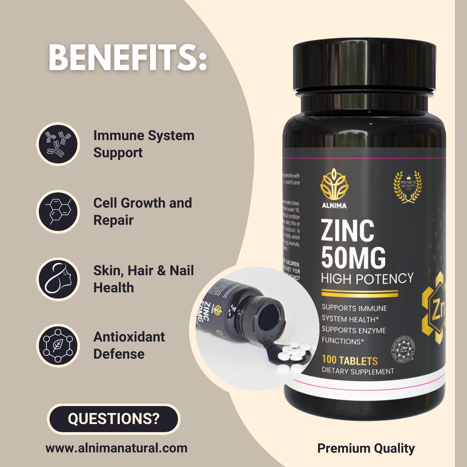 ALNIMA Halal Zinc 50 mg – Essential Mineral Supplement | 100 Tablets | Made in USA