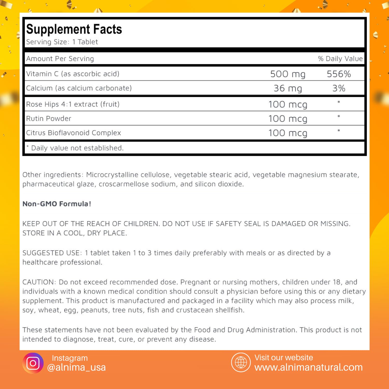 ALNIMA Halal Vitamin C 500 mg with Rose Hips – Daily Antioxidant Formula | 100 Tablets | Made in USA