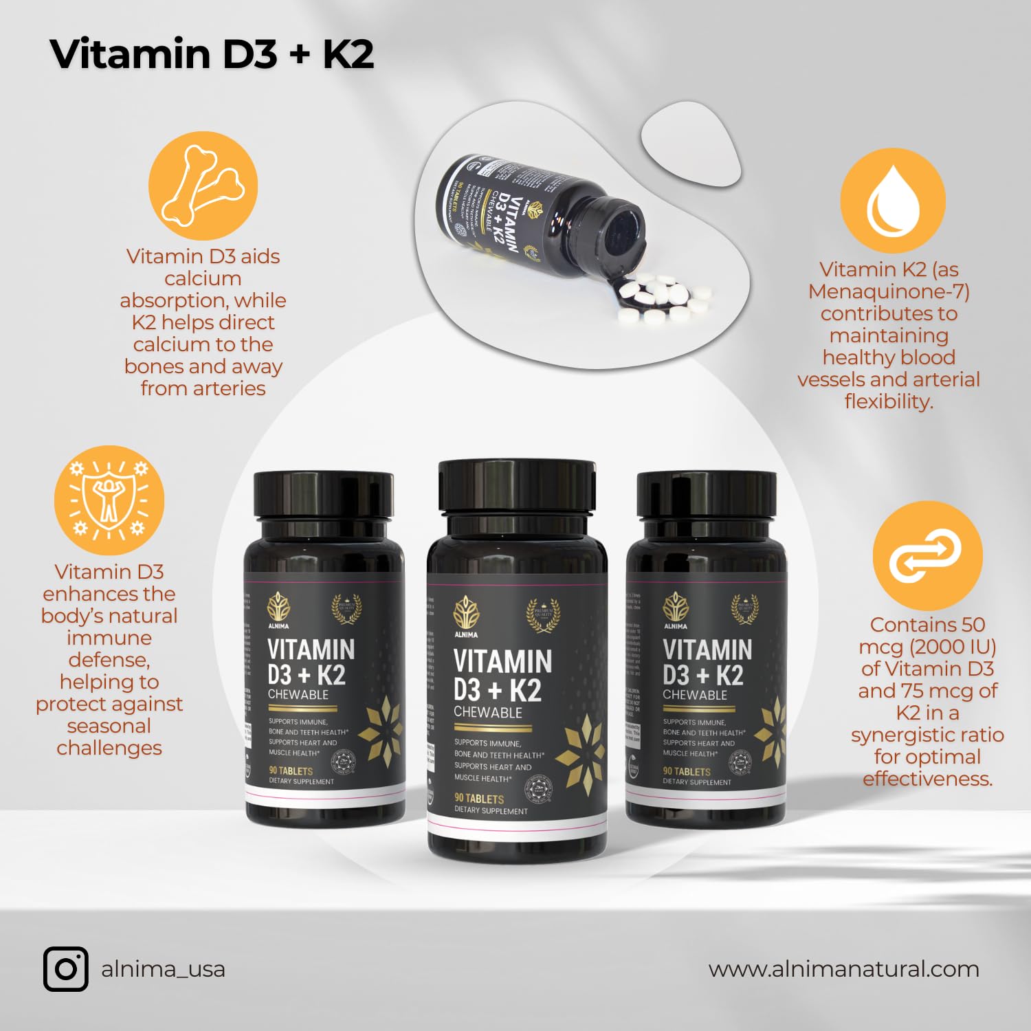 ALNIMA Halal Vitamin D3 + K2 – Daily Nutrient Support Formula | 90 Tablets | Made in USA