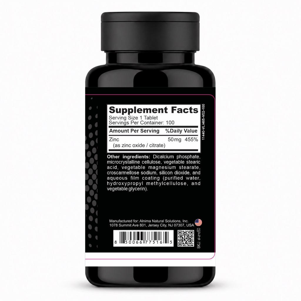Zinc 50 mg – Alnima | Essential Mineral Supplement | Halal Certified | 100 Tablets | Made in USA