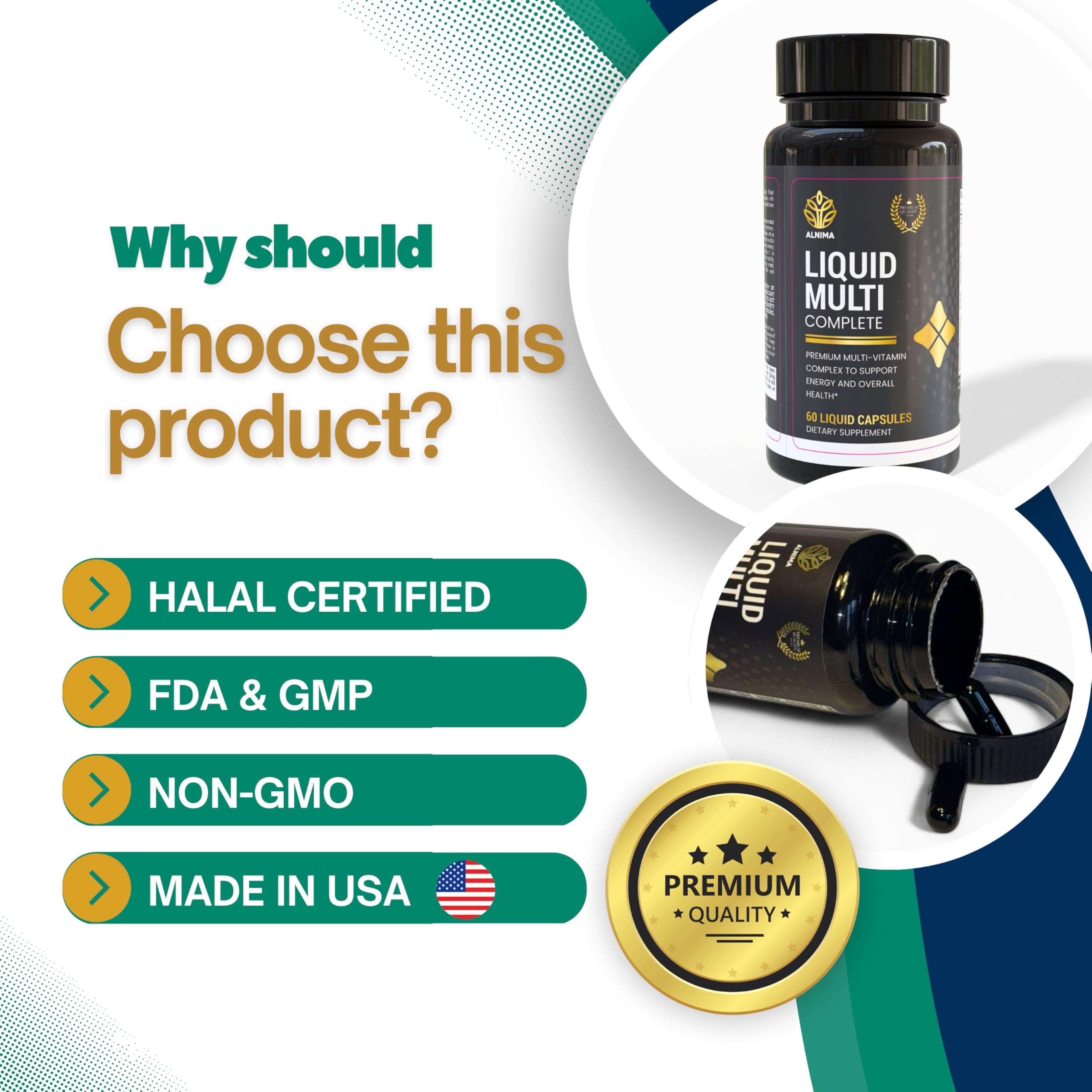 ALNIMA Halal Liquid Multivitamin – Complete Daily Nutrient Formula | 60 Liquid Capsules | Made in USA