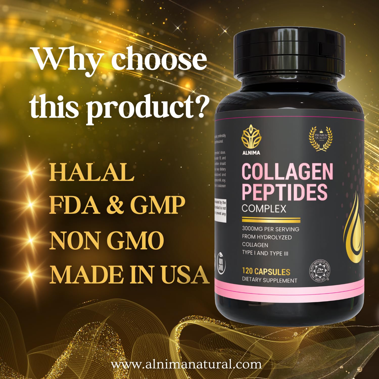 ALNIMA Halal Collagen Peptides Complex – Type I & III Collagen | 120 Capsules | Made in USA