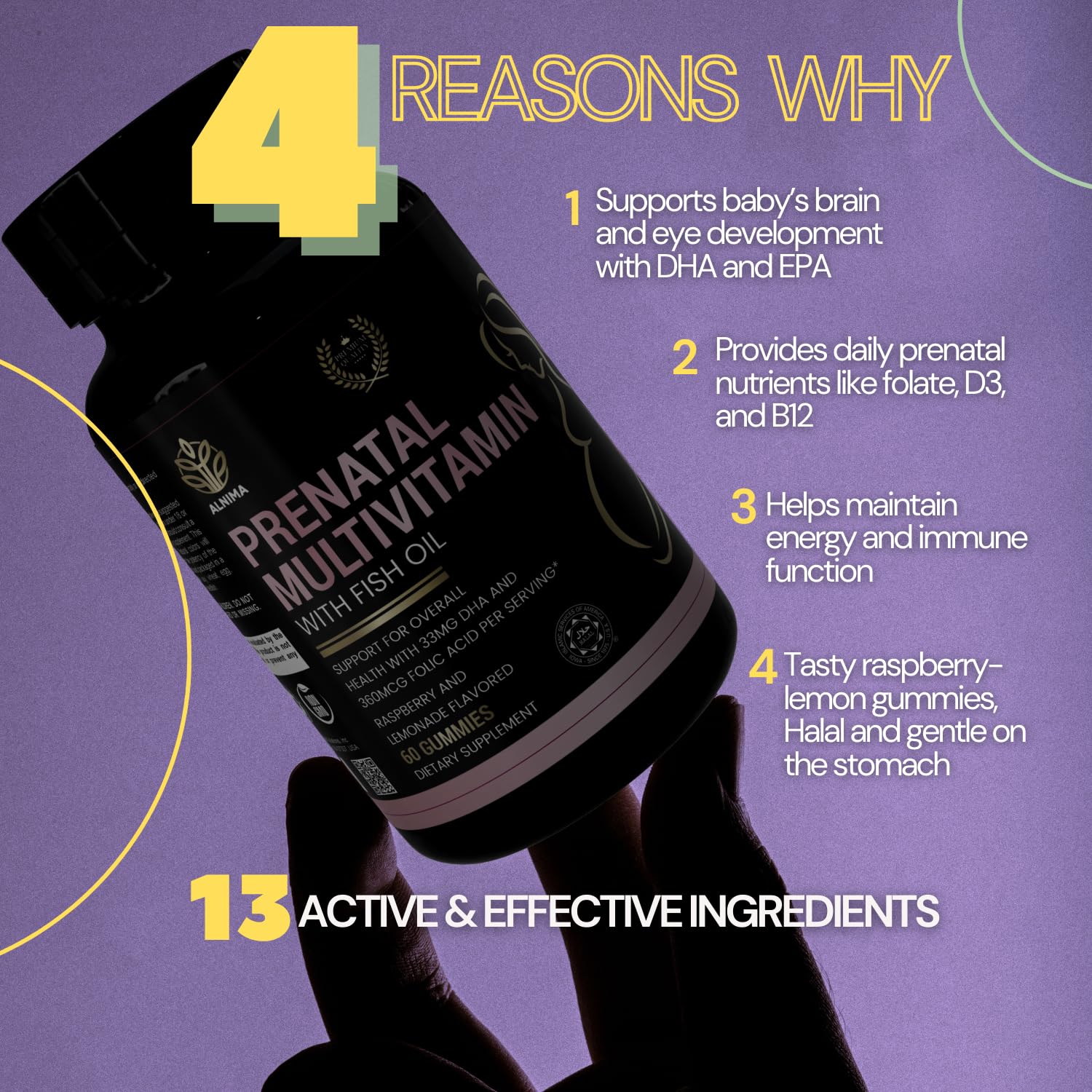 ALNIMA Halal Prenatal Multivitamin Gummies – DHA & Essential Nutrients | 60 Gummies | Made in USA